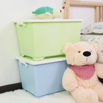 爱之佳 三个装塑料收纳箱 带盖滑轮整理箱 中号儿童玩具衣物收纳盒 汽车后备箱整理盒 储物箱 淡绿色+淡粉色+淡蓝色 50L