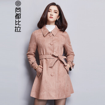 尚都比拉2015冬季新品女长袖翻领系带风衣时尚修身单排扣中长外套 JD154F8485 粉色 M/160