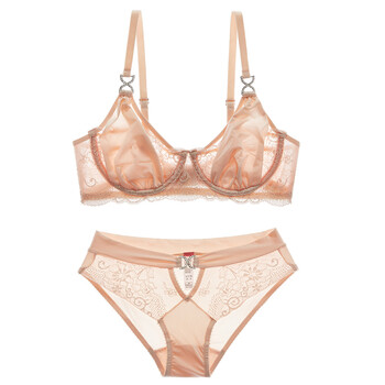 透气文胸诱惑内衣套装杯透明胸罩薄款女士夏 香槟色 36c=80c(配l内裤)