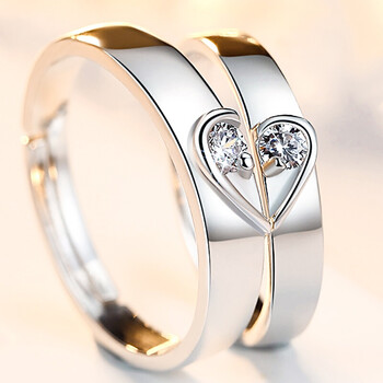 情侣戒指一对925银心形开口对戒男女个性简约学生刻字指环礼物 心心相