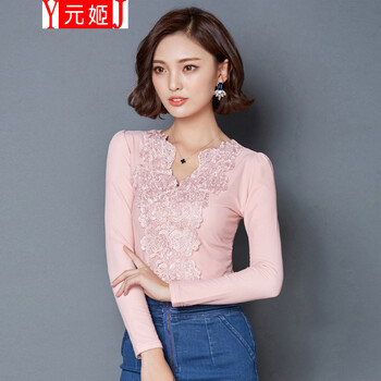 元姬2015秋冬装上衣女装 大码显百搭拼接蕾丝衫小衫长袖网纱加绒打底衫 黑色加绒 XL