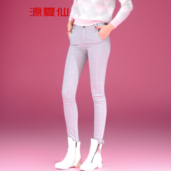 源夏仙  2015秋冬加绒加厚长裤女裤秋款显瘦小脚裤新款格子休闲裤女裤子D 灰色 L