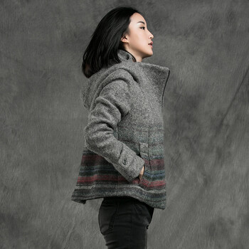 圣迪奥 sdeer 2015冬装新款女条纹撞色印花毛呢外套S14482249 中灰/87 L(170/88A)