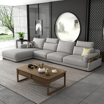 沙发 布艺沙发 实木布沙发 新中式客厅布艺沙发组合 客厅家具 亚麻灰