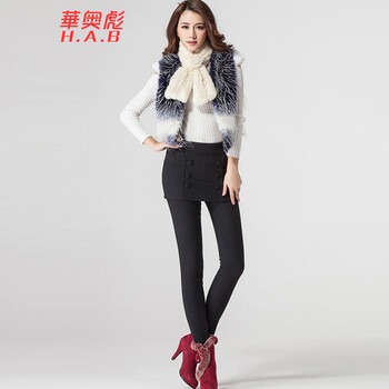 華奥彪2015秋冬季新款女装加绒加厚时尚百搭假两件修身显瘦带裙打底裤裙裤女裤10066 酒红色 56厘米