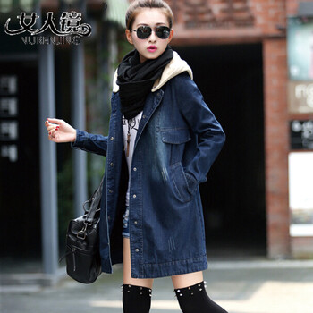 女人镜 2015女装牛仔风衣休闲连帽风衣中长款外套#S9006-1 图片色 L