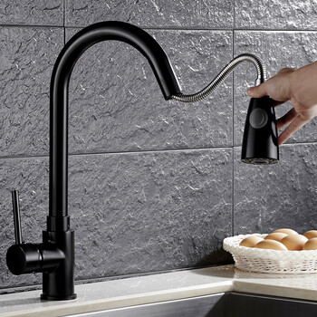 抽拉式水龙头 厨房洗菜龙头家用冷热水厨房旋转黑色洗碗池水槽抽拉式