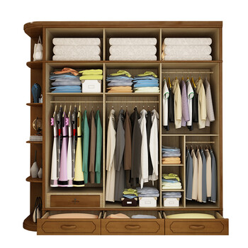 中式衣柜实木储物柜子拉门转角主卧室板式大衣橱 胡桃色 抽屉 顶柜 边