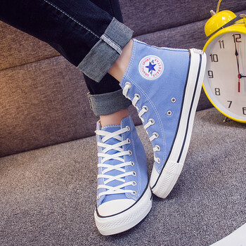 情侣学生高帮帆布鞋平底休闲男鞋子潮流百搭经典款青少年板鞋 浅蓝色