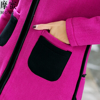 摩蜜2016冬季新款韩版加绒加厚中长款连帽休闲卫衣开衫外套女WT46 红 色 XL