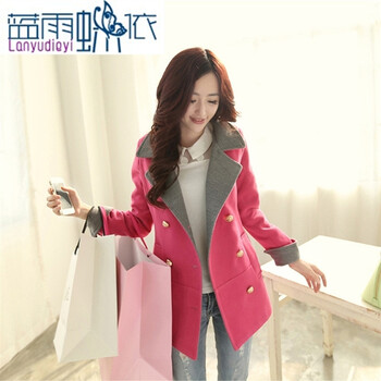 雅婷店2015秋冬新款韩版修身大码中长款毛呢外套女翻领双排扣呢子风衣 黄绿色 L