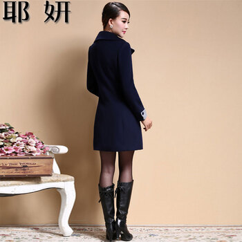 耶妍冬装新款大码女装毛呢大衣女修身毛呢外套女羊绒大衣女8366# 黛螺蓝 L