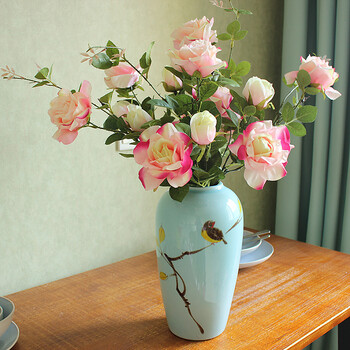 景德镇陶瓷摆件花瓶插花仿真花摆件黄色跳舞兰餐桌客厅装饰假花 小鸟