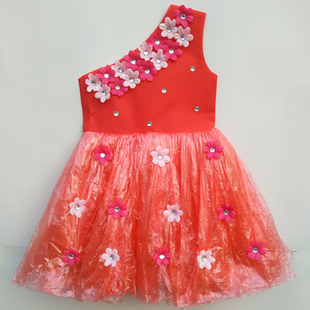 手工制作时装秀演出服幼儿园服装女亲子走秀裙lp 红色 红色跨肩双排花