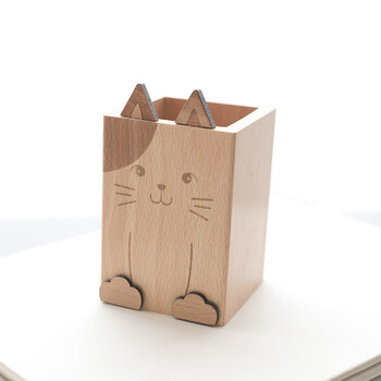 猫咪笔筒木质创意时尚韩国小清新儿童学生个性可爱桌面摆件 奶牛猫