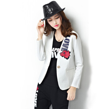 歌妮萱2015秋装新款时尚休闲印花长袖三件套 西服外套女 白色 XXXL