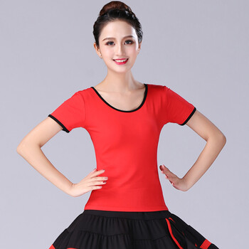 广场舞服装上衣 夏季莫代尔舞蹈短袖单件练功服t恤跳舞女 大红短袖单