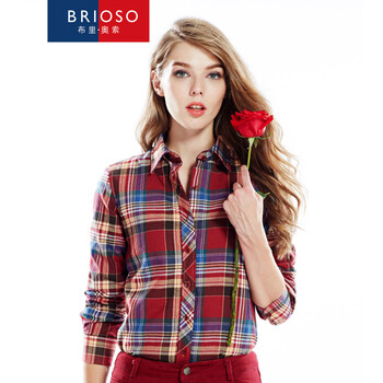 BRIOSO 2015秋装新款保暖女款格子衬衫 女加绒加厚纯棉韩版修身长袖衬衣 B1540043 L
