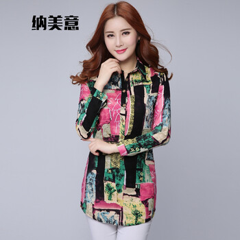 纳美意 2015秋新款衬衣韩版时尚印花中长款大码衬衫 女 1003 图片色 XL