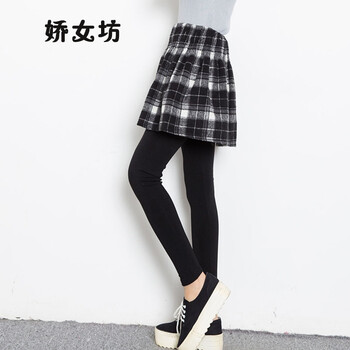 娇女坊  2015秋冬季新款假两件加绒加厚打底格子短裙修身紧身长裤裙裤女 红色 均码