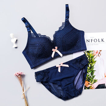 女聚拢无钢圈文胸厚上托防下垂性感蕾丝小胸罩 宝蓝色 75a