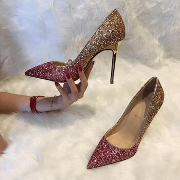 新款秋季仿真皮高跟细跟尖头鞋伴娘水晶单鞋女亮片婚鞋新 紫金渐变色