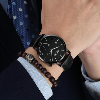 男士手表商务圆形石英表男表防水皮带腕表女生 黑壳黑面黑带