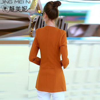 静美妮2015秋冬款女装中长款小西装韩版修身职业休闲外套J6609 驼色 L