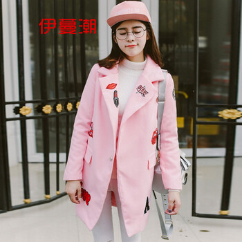 伊蔓潮2015中长款毛呢外套女秋冬学生帖花修身呢子大衣A8787 枣红 XL