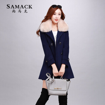 SAMACK女款毛呢大衣中长款韩版修身 冬天保暖呢外套配大毛领女士风衣反季 藏青色 XXL