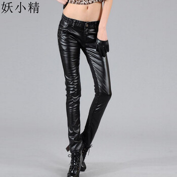 妖小精 牛仔裤女 2015秋冬新款PU拼接皮裤女牛仔靴裤小脚裤显瘦打底裤女 黑色普通808 26码(建议选大一码)