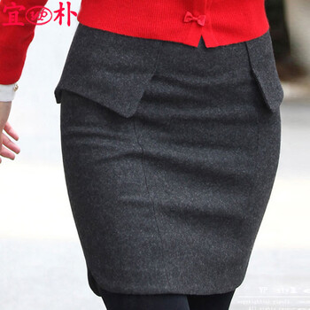 宜朴 2016秋冬装韩版折页毛呢短裙女修身中腰包臀半身裙 SQ822 深灰色 M