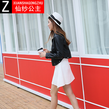 仙纱公主2015秋冬季女装新款军装风小皮衣翻领机车皮衣皮夹克女短外套B6109 黑色 S