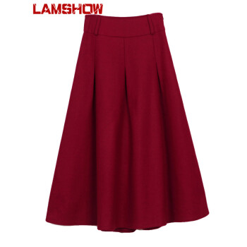 lamshow气质新款秋冬韩版时尚经典百搭长裙 潮流甜美毛呢半身裙 多色 酒红色 S