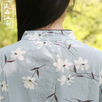 
                                                                                乱在江南民国风立领盘扣棉麻旗袍裙中长款夏季文艺复古印花连衣裙 浅蓝花色 均码                