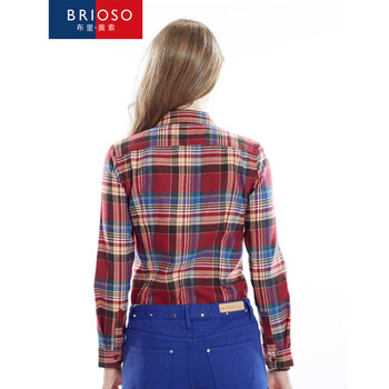 BRIOSO 2015秋装新款保暖女款格子衬衫 女加绒加厚纯棉韩版修身长袖衬衣 B1540043 L