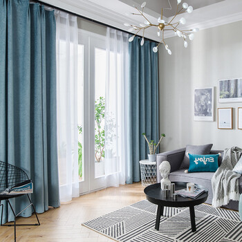 丰范 窗帘成品 卧室客厅定制雪尼尔落地飘窗遮光窗帘布窗纱 天空蓝 1