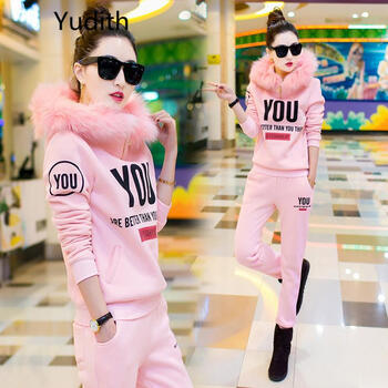 Yudith2015秋冬毛领连帽加绒加厚套头卫衣两件套时尚休闲套装女 蓝色 L