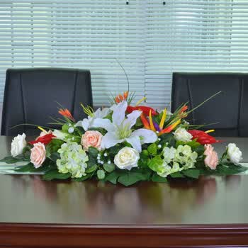 仿真会议桌花 演讲办公台花 绿植百合红掌套装绢花椭圆形整体花艺 110