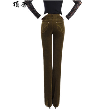 
                                        顶奢 春秋款灯芯绒微喇裤大码高腰条绒裤棉休闲女裤弹力显瘦阔脚裤修身显瘦妈妈装喇叭裤长裤子 9011款疆黄色 30码是2尺3腰围                