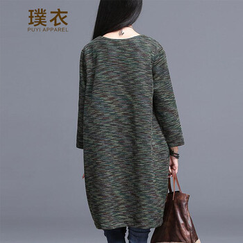 
                                        璞衣 秋秋新款原创大码女装文艺宽松口袋彩色套头呢子连衣裙 8042 绿花 L                