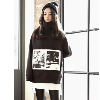 shezglobal韩国SZ秋冬新品中长款女装印花休闲复古高领上衣套头卫衣 黑色 均码