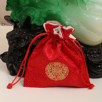 
                                                            艺必旭 手串盘玩棉袋 佛珠手串收藏 五福捧寿手袋 文玩盘珠养珠珠宝布袋 定制 墨绿                