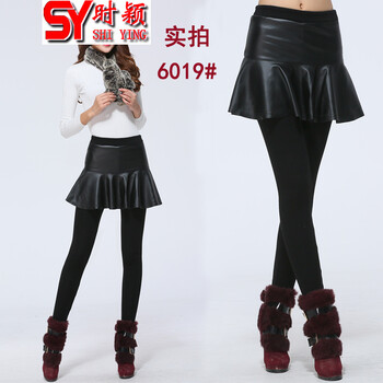 时颖女装春上新2016春皮裤衣裤假两件打底裙裤pu皮加绒加厚小脚裤6019 黑色 M