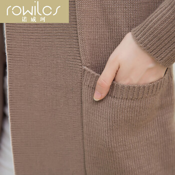 ROWILCS诺威珂女装秋季新款 中长款开衫针织衫韩版宽松口袋羊毛开衫毛衣外套 卡其色 L