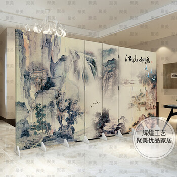 防水防透免安装中式双面艺术布艺屏风隔断风水墙折屏家居遮挡墙文化墙背景墙酒店屏风隔断古典现代 底座 一扇价格