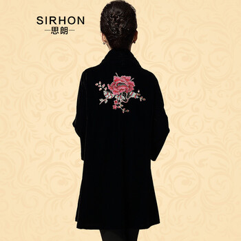 
                                        思朗sirhon中老年女装秋装婚礼服外套妈妈装加大码金丝绒风衣风凰刺绣长袖大衣C050 黑色 M                