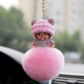 镶钻奇奇娃娃汽车挂件车内挂饰可爱后视镜车饰水钻钥匙扣装饰品 粉色