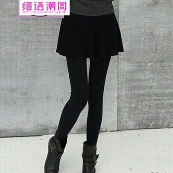 细语潮阁2015秋冬新款女装加厚加绒不倒绒修身显瘦假两件小脚大码打底裤裙女049 灰色 XL