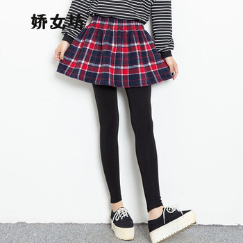 娇女坊  2015秋冬季新款假两件加绒加厚打底格子短裙修身紧身长裤裙裤女 红色 均码